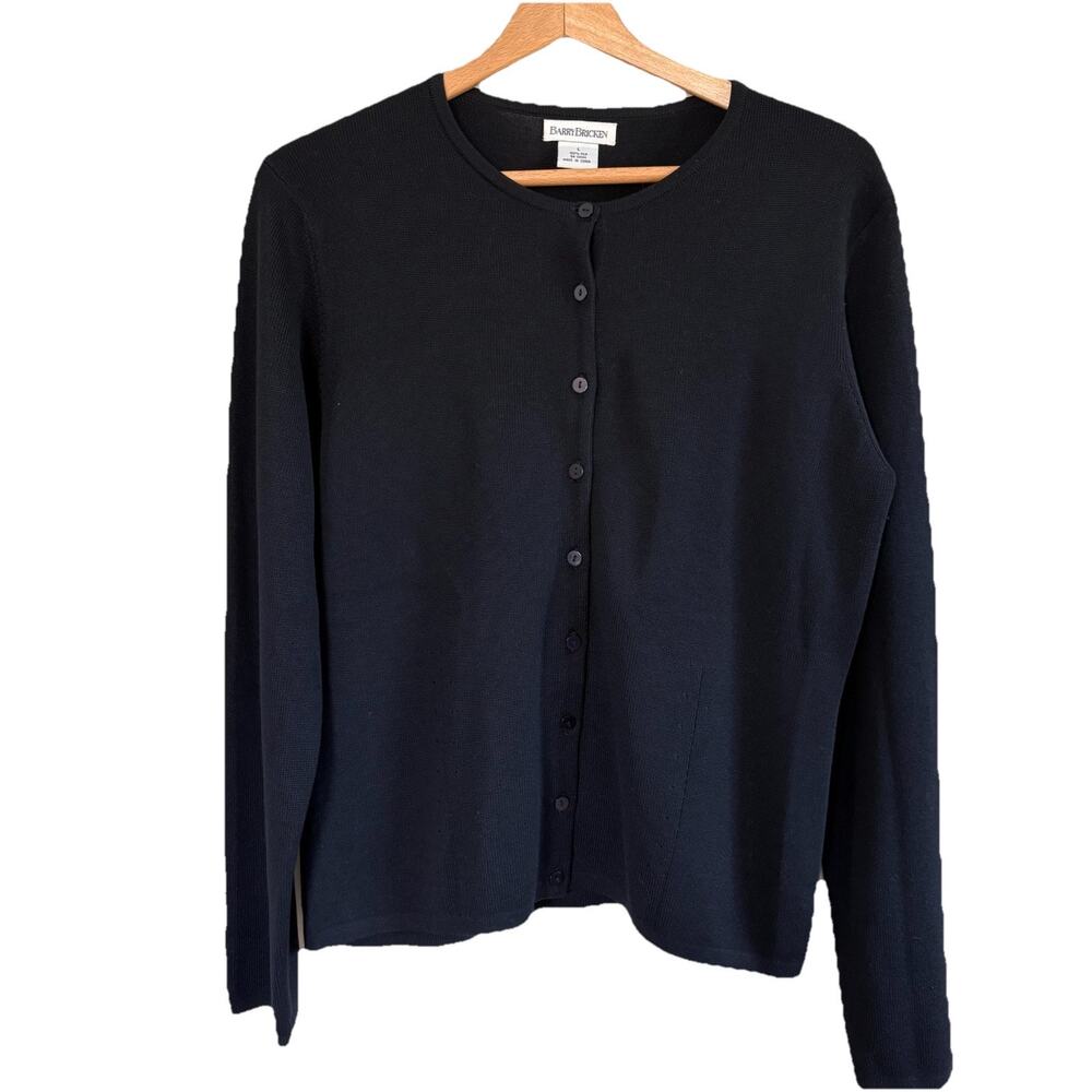 Vtg Barry Bricken Black Button Down 100% Silk Crew Neck Cardigan Large Classic